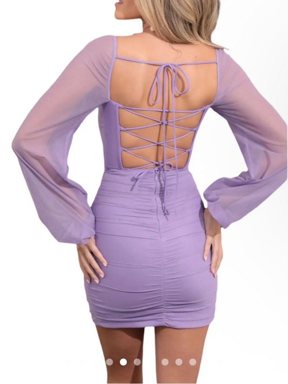 NWOT Lucy in the Sky Lavender Ruched Wrap Power Mesh Long Sleeve Mini Dress - Picture 4 of 12